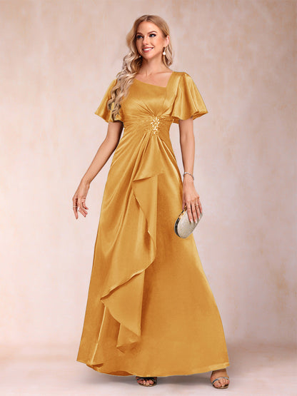 Robe de Mère de la Mariée Coupe A-Line/Princesse, Col en V, Manches Courtes avec Ceinture