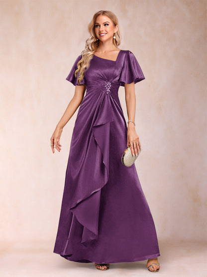 Robe de Mère de la Mariée Coupe A-Line/Princesse, Col en V, Manches Courtes avec Ceinture