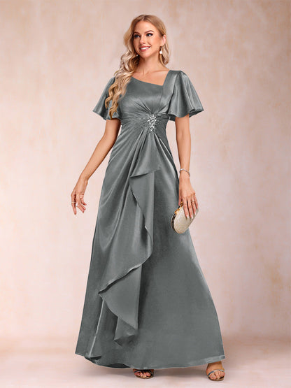 Robe de Mère de la Mariée Coupe A-Line/Princesse, Col en V, Manches Courtes avec Ceinture