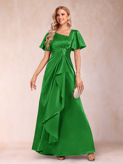 Robe de Mère de la Mariée Coupe A-Line/Princesse, Col en V, Manches Courtes avec Ceinture
