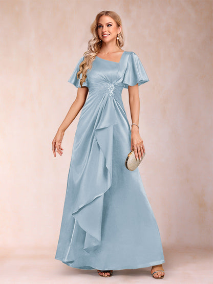 Robe de Mère de la Mariée Coupe A-Line/Princesse, Col en V, Manches Courtes avec Ceinture