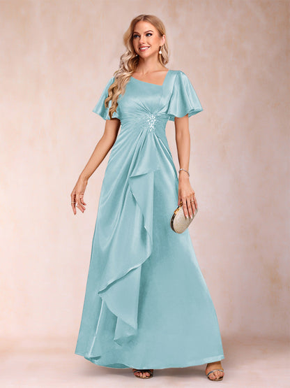 Robe de Mère de la Mariée Coupe A-Line/Princesse, Col en V, Manches Courtes avec Ceinture