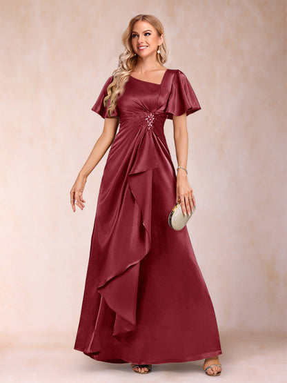Robe de Mère de la Mariée Coupe A-Line/Princesse, Col en V, Manches Courtes avec Ceinture