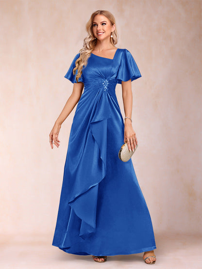 Robe de Mère de la Mariée Coupe A-Line/Princesse, Col en V, Manches Courtes avec Ceinture