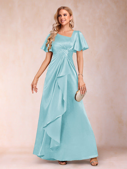 Robe de Mère de la Mariée Coupe A-Line/Princesse, Col en V, Manches Courtes avec Ceinture