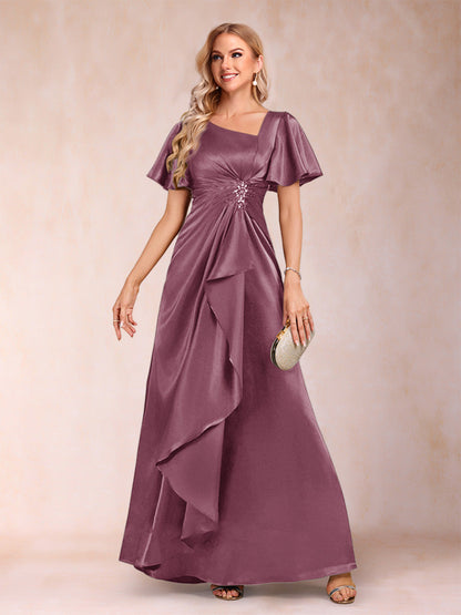 Robe de Mère de la Mariée Coupe A-Line/Princesse, Col en V, Manches Courtes avec Ceinture