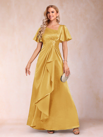 Robe de Mère de la Mariée Coupe A-Line/Princesse, Col en V, Manches Courtes avec Ceinture