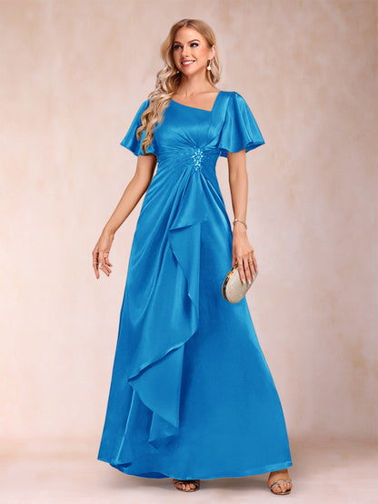 Robe de Mère de la Mariée Coupe A-Line/Princesse, Col en V, Manches Courtes avec Ceinture