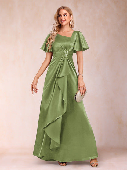 Robe de Mère de la Mariée Coupe A-Line/Princesse, Col en V, Manches Courtes avec Ceinture