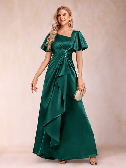 Robe de Mère de la Mariée Coupe A-Line/Princesse, Col en V, Manches Courtes avec Ceinture