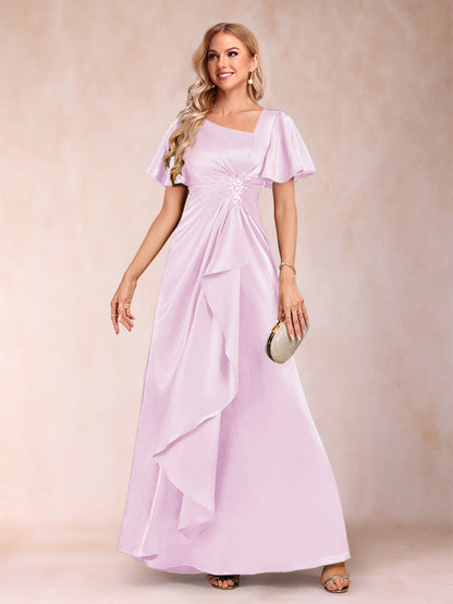 Robe de Mère de la Mariée Coupe A-Line/Princesse, Col en V, Manches Courtes avec Ceinture