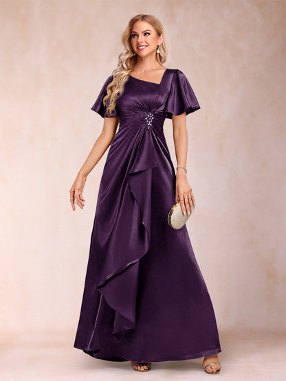 Robe de Mère de la Mariée Coupe A-Line/Princesse, Col en V, Manches Courtes avec Ceinture