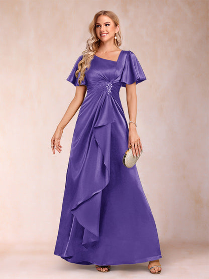 Robe de Mère de la Mariée Coupe A-Line/Princesse, Col en V, Manches Courtes avec Ceinture