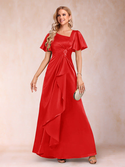 Robe de Mère de la Mariée Coupe A-Line/Princesse, Col en V, Manches Courtes avec Ceinture