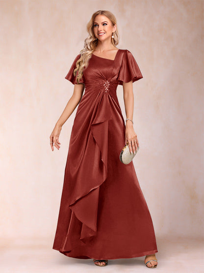 Robe de Mère de la Mariée Coupe A-Line/Princesse, Col en V, Manches Courtes avec Ceinture