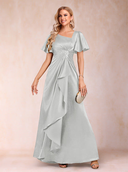 Robe de Mère de la Mariée Coupe A-Line/Princesse, Col en V, Manches Courtes avec Ceinture