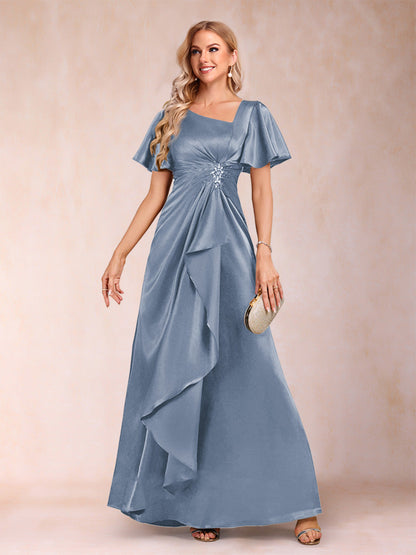 Robe de Mère de la Mariée Coupe A-Line/Princesse, Col en V, Manches Courtes avec Ceinture