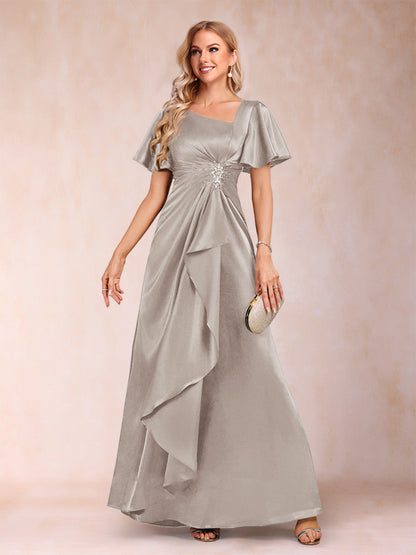 Robe de Mère de la Mariée Coupe A-Line/Princesse, Col en V, Manches Courtes avec Ceinture