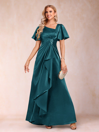 Robe de Mère de la Mariée Coupe A-Line/Princesse, Col en V, Manches Courtes avec Ceinture