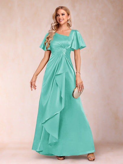 Robe de Mère de la Mariée Coupe A-Line/Princesse, Col en V, Manches Courtes avec Ceinture