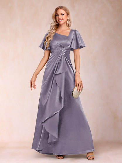 Robe de Mère de la Mariée Coupe A-Line/Princesse, Col en V, Manches Courtes avec Ceinture