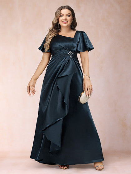 Robe de Mère de la Mariée Grande Taille, Coupe Trapèze/Princesse, Col en V, Manches Courtes avec Ceinture