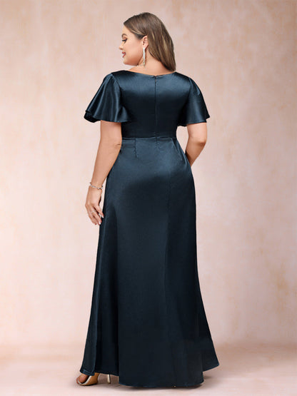 Robe de Mère de la Mariée Grande Taille, Coupe Trapèze/Princesse, Col en V, Manches Courtes avec Ceinture