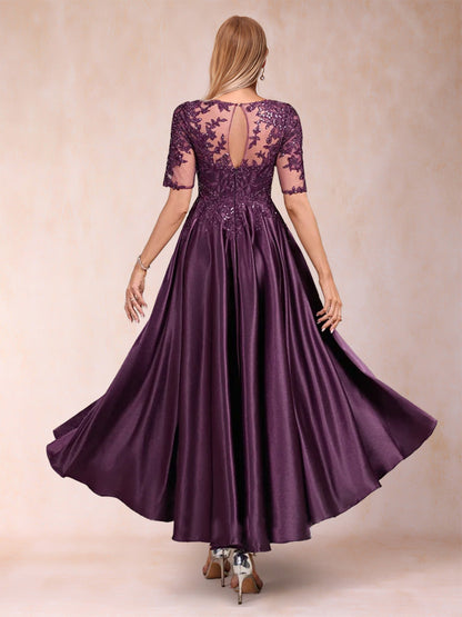 Robes de Mère de la Mariée à Manches Courtes, Coupe A-Line/Princesse, Décolleté Plongeant et Paillettes
