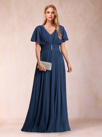 Robe de Mère de la Mariée Coupe A-Line/Princesse, Col en V, Manches Courtes avec Ceinture
