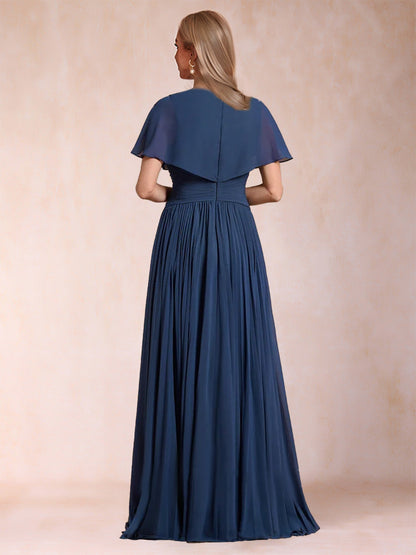 Robe de Mère de la Mariée Coupe A-Line/Princesse, Col en V, Manches Courtes avec Ceinture