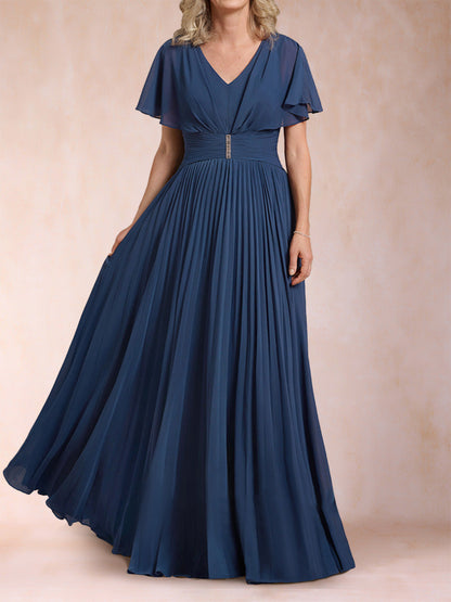 Robe de Mère de la Mariée Coupe A-Line/Princesse, Col en V, Manches Courtes avec Ceinture