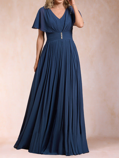 Robe de Mère de la Mariée Coupe A-Line/Princesse, Col en V, Manches Courtes avec Ceinture