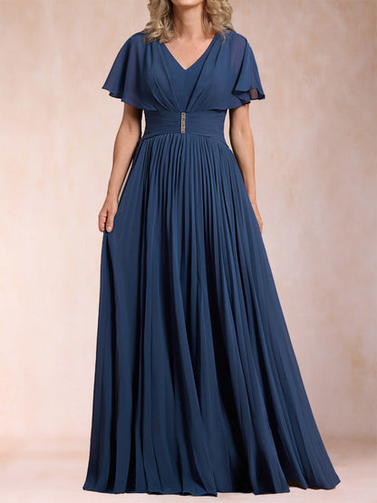 Robe de Mère de la Mariée Coupe A-Line/Princesse, Col en V, Manches Courtes avec Ceinture