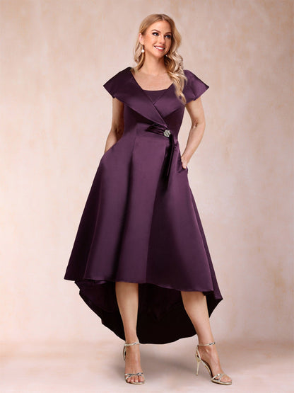 Robe de Mère de la Mariée Coupe A-Line/Princesse, Col Carré, Manches Courtes avec Ceinture