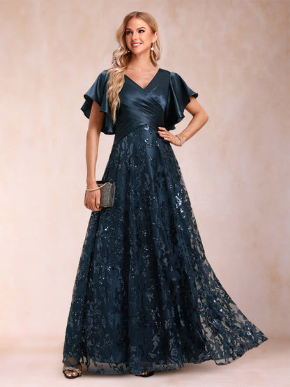 Robes de Mère de la Mariée Coupe A-Line/Princesse, Col en V, Manches Courtes avec Dentelle