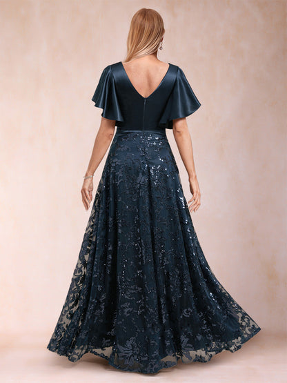 Robes de Mère de la Mariée Coupe A-Line/Princesse, Col en V, Manches Courtes avec Dentelle