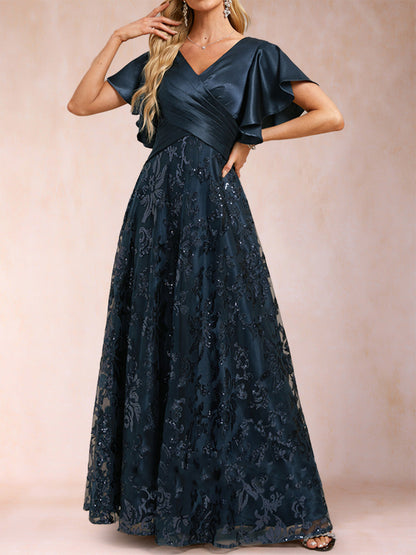 Robes de Mère de la Mariée Coupe A-Line/Princesse, Col en V, Manches Courtes avec Dentelle