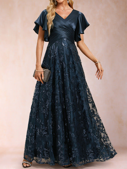 Robes de Mère de la Mariée Coupe A-Line/Princesse, Col en V, Manches Courtes avec Dentelle