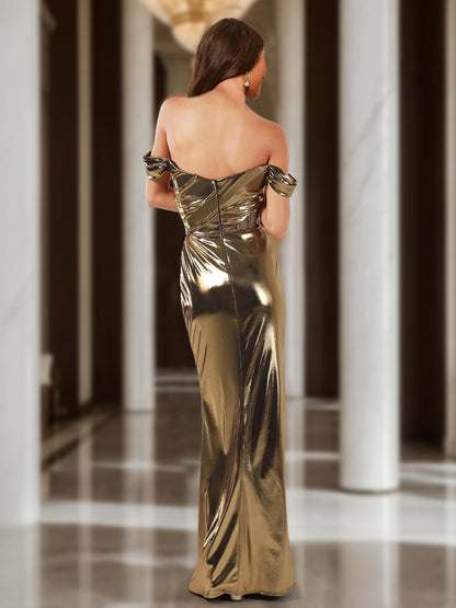Robe de Bal Fourreau/Colonne à Épaules Dénudées et Manches Courtes avec Fronces