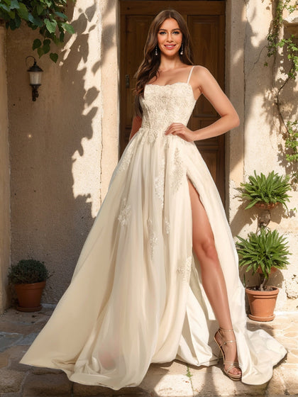 Robe de Bal Trapèze/Princesse à Bretelles Spaghetti Sans Manches avec Fente Latérale