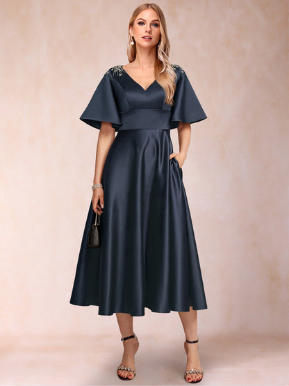 Robe de Mère de la Mariée Coupe A-Line/Princesse, Col en V, Manches Mi-Longues avec Strass