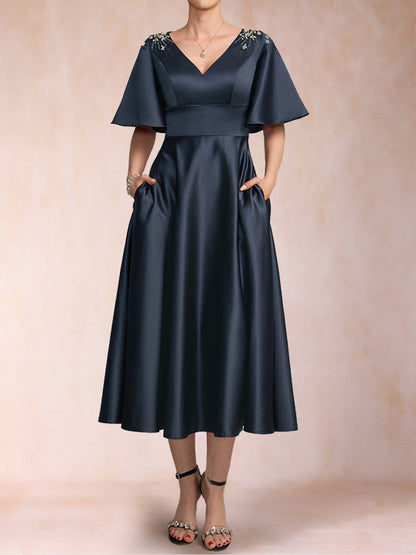 Robe de Mère de la Mariée Coupe A-Line/Princesse, Col en V, Manches Mi-Longues avec Strass