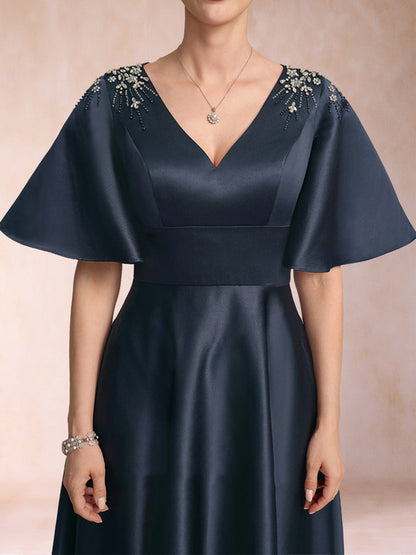 Robe de Mère de la Mariée Coupe A-Line/Princesse, Col en V, Manches Mi-Longues avec Strass
