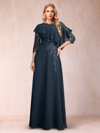 Robe de Mère de la Mariée Coupe A-Line/Princesse, Manches 3/4 avec Appliques