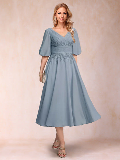 Robe de Mère de la Mariée Coupe A-Line/Princesse, Col en V, Manches Mi-Longues avec Appliques