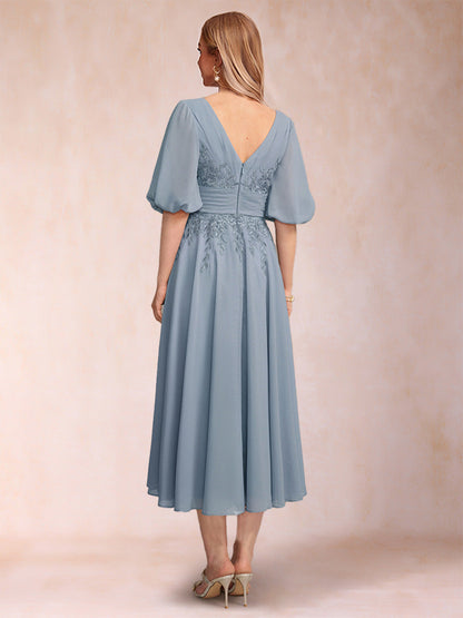 Robe de Mère de la Mariée Coupe A-Line/Princesse, Col en V, Manches Mi-Longues avec Appliques