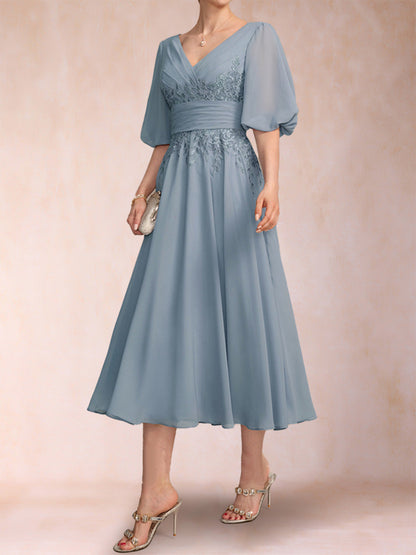 Robe de Mère de la Mariée Coupe A-Line/Princesse, Col en V, Manches Mi-Longues avec Appliques