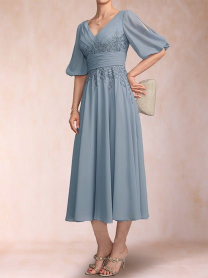 Robe de Mère de la Mariée Coupe A-Line/Princesse, Col en V, Manches Mi-Longues avec Appliques