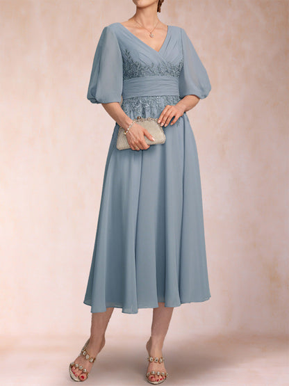 Robe de Mère de la Mariée Coupe A-Line/Princesse, Col en V, Manches Mi-Longues avec Appliques