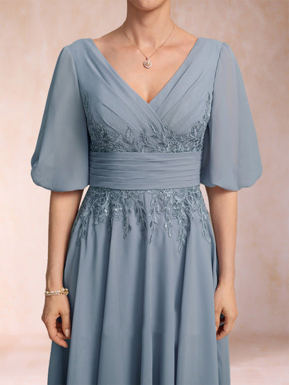 Robe de Mère de la Mariée Coupe A-Line/Princesse, Col en V, Manches Mi-Longues avec Appliques